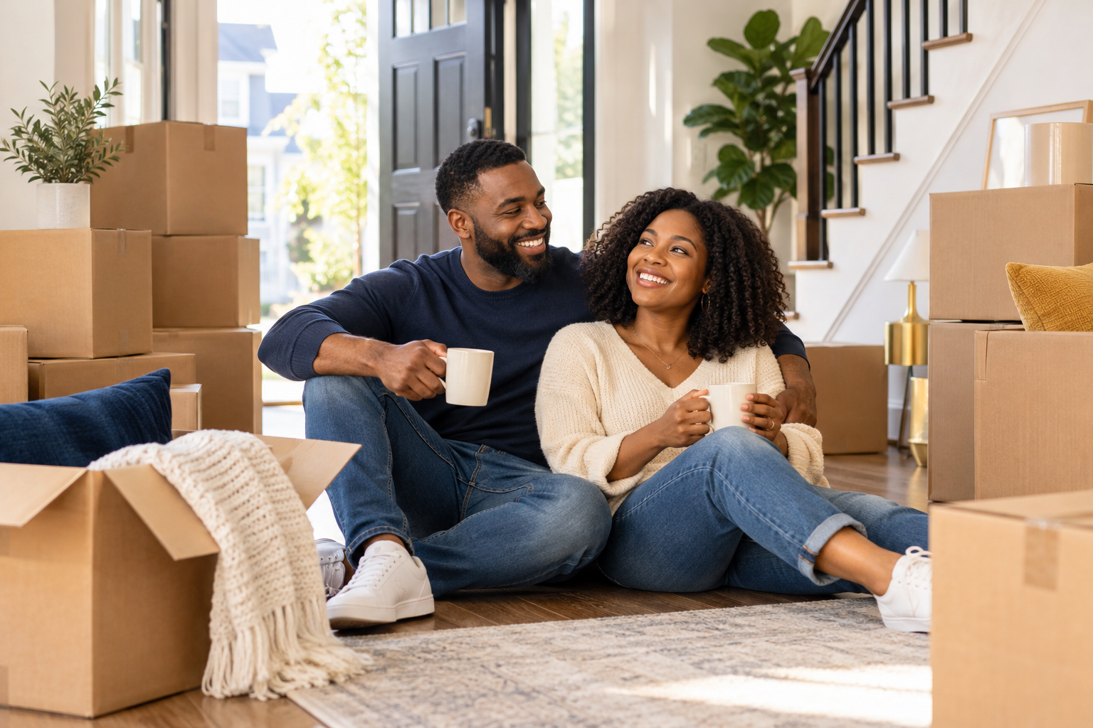 Happy couple relaxing together among moving boxes in their new home
