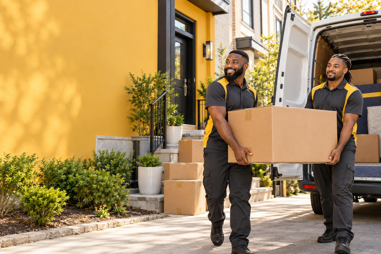 Professional movers carrying a moving box beside a truck